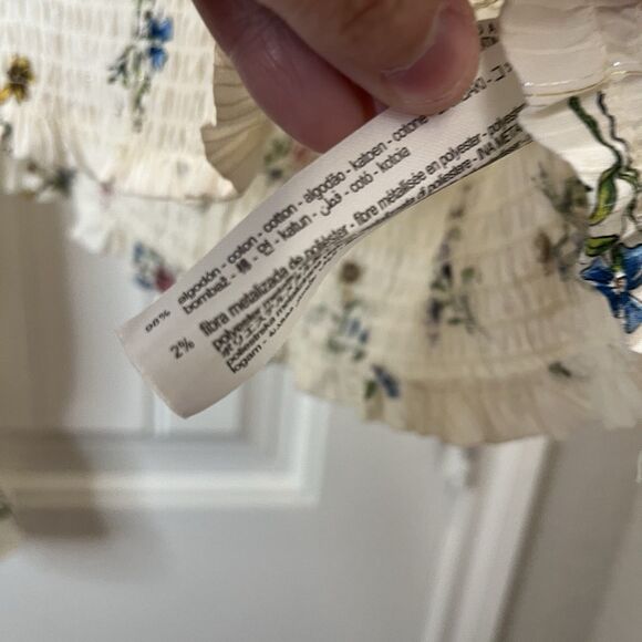 Zara Floral Cream Metallic Striped Long Sleeve Ruffle Crop Smocked Top Juniors L - Picture 5 of 11